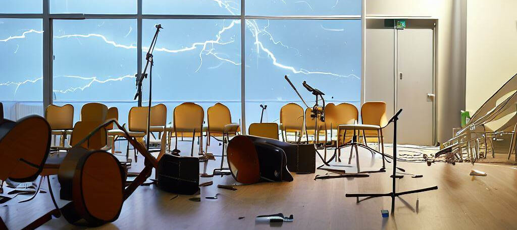 Ein Musiksaal mit einer großen Fensterfront. Stühle, Instrumente und Notenständer liegen umgeworfen auf dem Boden. Draußen gibt es ein Gewitter
